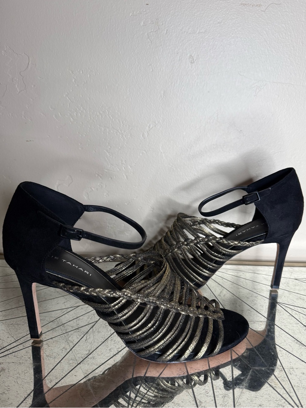 Elie Tahari Black Suede and Metallic Bronze Strappy Heels